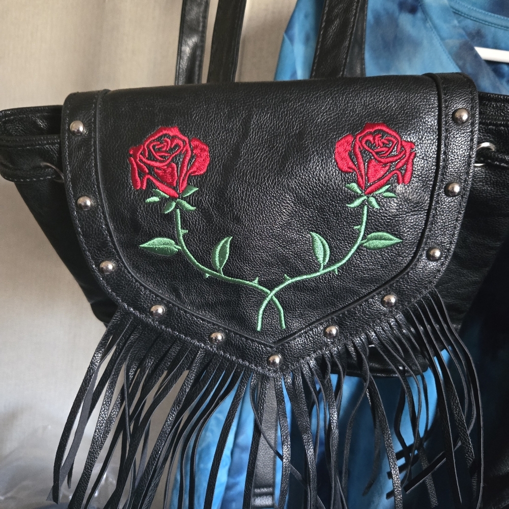 Black Faux Leather Fringe Bag with Red Rose Embroidery Brand New